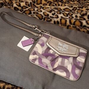 NWT Coach OP Art Wristlet Clutch Purple Silver Fabric Leather Logo Classic Retro